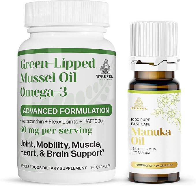 TURNER New Zealand Omega-3 Green Lipped Mussel Oil 53x Higher Potency for Superior Joint Comfort &amp Mobility No Fishy Aftertaste 1 Bottle 60 Softgels Plus 1 Bottle of Manuka Oil