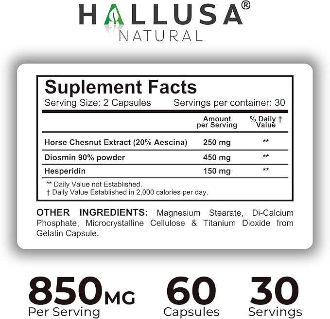 Hallosmine Xtra - Circulation &amp Vein Support Diosmin Horse Chesnut &amp Hesperidin 850mg + FREE Leg Cream | Leg Circulation Varicose Veins Spider Veins Hemorrhoids Blood Flow | 60 capsules