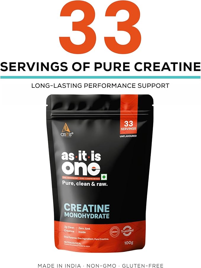 AS-IT-IS Nutrition Creatine Monohydrate 100gms/3.5 Oz | USA Labdoor Certified for Accuracy &amp Purity Gluten-free No Preservatives Pre-and Post-workout Supplement