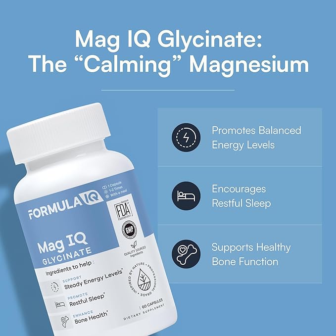 Formula IQ - Mag IQ Glycinate - Magnesium Bisglycinate Chelate TRAACS - High Absorption Magnesium Glycinate Supplement - Sleep Daily Energy &amp Bone Wellness - 60 Capsules
