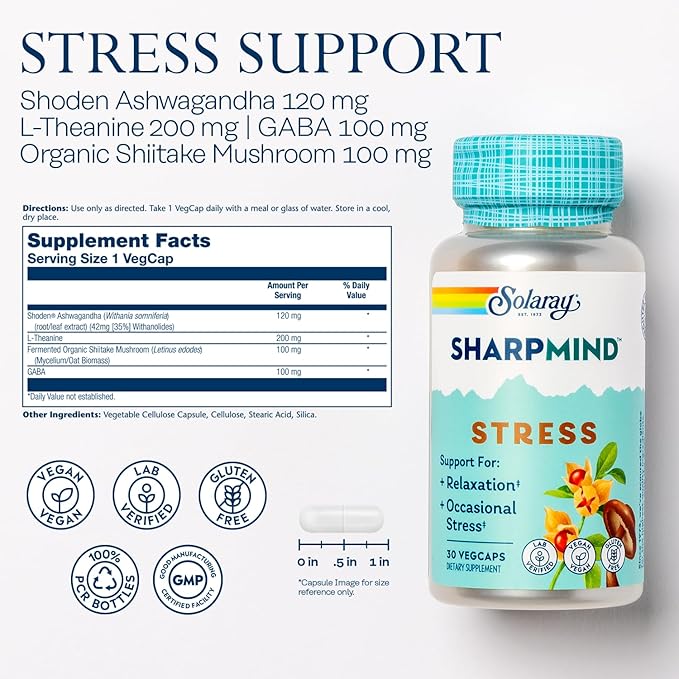 SOLARAY SharpMind Stress Nootropic Mood Support Supplement for Relaxation and Occasional Stress Relief Support Adaptogen with Ashwagandha L Theanine 60 Day Money Guarantee 30 Serv 30 VegCaps