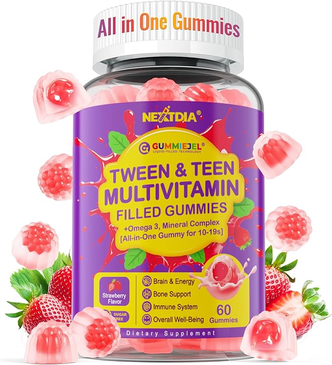 Nextdia Multivitamin Filled Gummies for Teen Boys Girls 12-17 18 19 Kids 10+ Multivitamin with Omega 3 Calcium + Magnesium + Zinc Multi-Minerals for Adolescent 10-19S Brain Bone Energy Immune