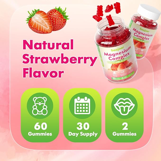 2 Pack Magnesium Complex Gummies – with 12 Forms of Magnesium (Citrate Glycinate Malate Oxide and More) Plus Vitamins B6 B12 and C. for Women and Men – Strawberry Flavor 120 Count