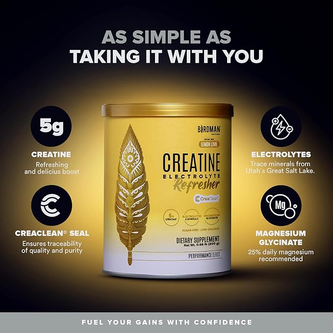 BIRDMAN Creatine Refresher | Creatine Monohydrate Powder with Electrolytes Magnesium Glycinate &amp Vitamins | Creaclean Seal | Sugar Free Low Calorie | Lemon Lime | 30 Servings