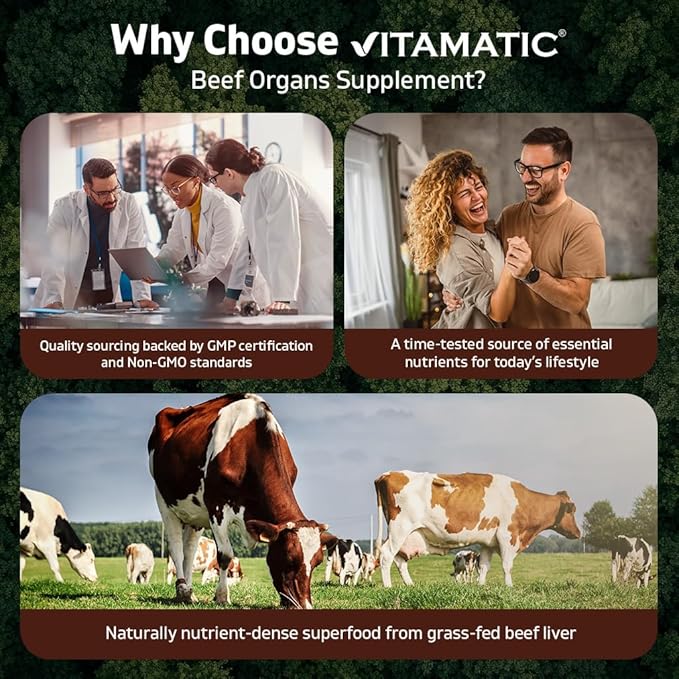 Vitamatic Grass-Fed Beef Thymus + Liver 180 Capsules – Freeze-Dried Non-GMO Bovine Liver Supplement – Pasture-Raised Glandular-Based Formula