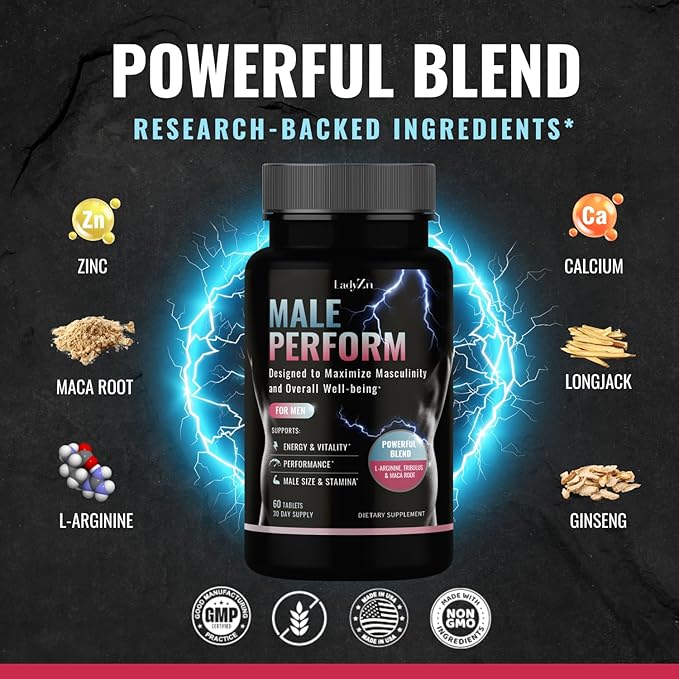 Male Perform - Male Enhancing Supplement for Energy Stamina Performance &amp Vitality Pills for Men with L-Arginine and Tribulus - Boost Muscle Growth Size Strength and Endurance 60 Tablets