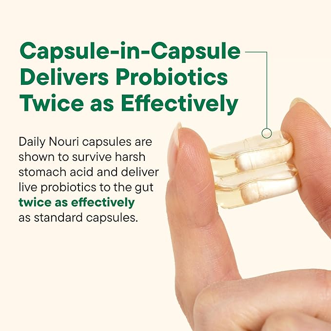 Daily Nouri Stress Support Probiotics for Women &amp Men | Mood &amp Cortisol Support | Gut-Brain Axis + Digestive Support | 3 Clinically Studied Strains + Omega | 30-Day Supply