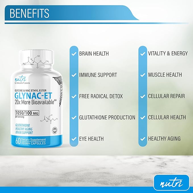 GlyNAC-ET NAC Supplement N-Acetyl Cysteine Ethyl Ester - 20x More Bioavailable - Glycine &amp N-Acetylcysteine Ethyl Ester Anti Aging Supplement Boost Glutathione 60 Capsules - Nutri - 3rd Party Te