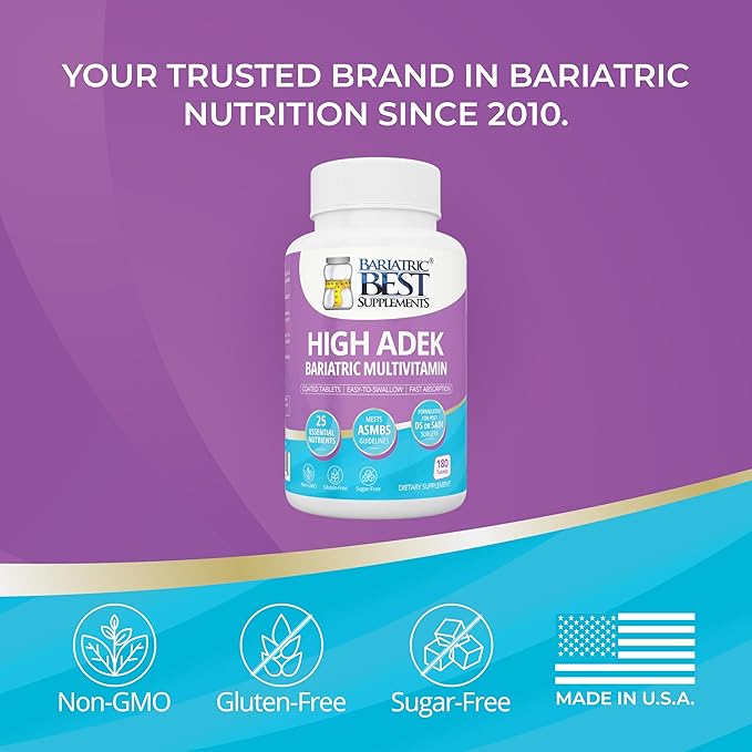High ADEK Bariatric Multivitamin | DS SADI &amp BPD/DS Surgery | Fat-Soluble Vitamins A D E K | 25 Essential Nutrients | ASMBS Compliant | Made in USA | 180 Tablets — 3 Month Supply