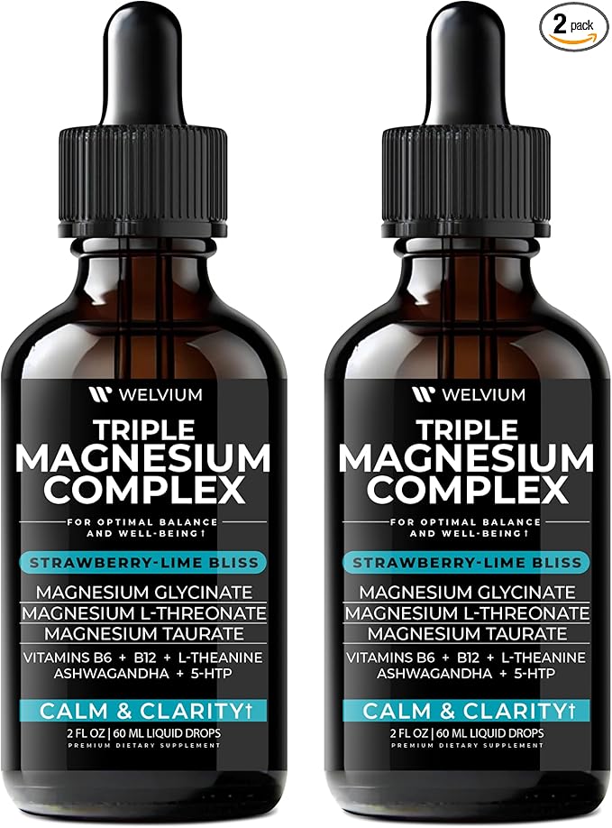 Triple Magnesium Complex Liquid Drops - High Absorption Magnesium Glycinate Supplement L-Threonate Taurate 500mg - Ashwagandha L-Theanine 5-HTP Vitamins B6 B12-2 Pack