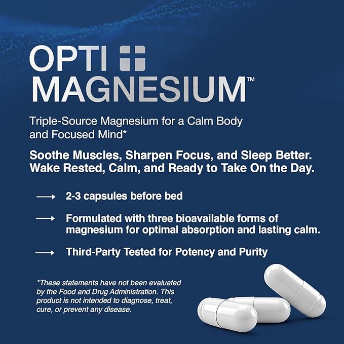 Opti + Triple Magnesium Complex Supplement | Brain Sleep Relaxation Support* | Magnesium L-Threonate Glycinate &amp Acetyl Taurate Blend | Made in USA | 90 Capsules/30 Servings
