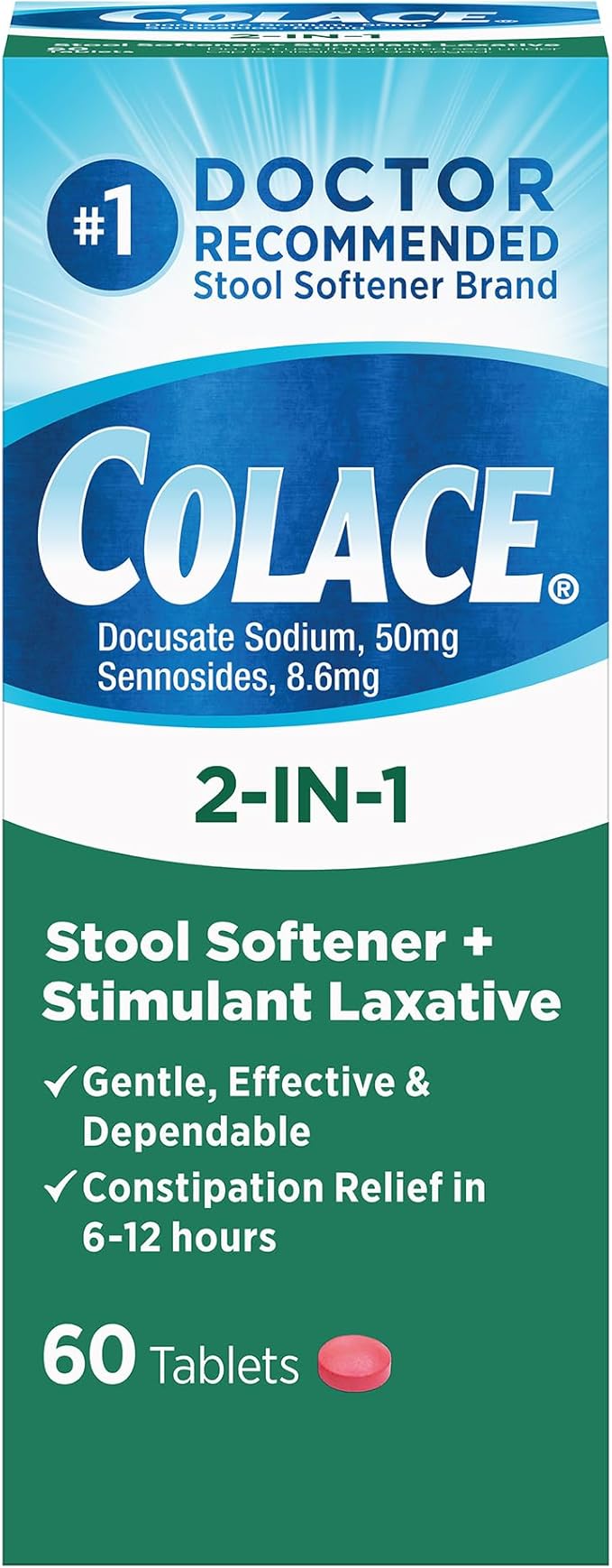 Colace 2-in-1 Stool Softener Plus Stimulant Laxative for Gentle Effective Constipation Relief Docusate Sodium Plus Sennosides 60 Count and 30 Count