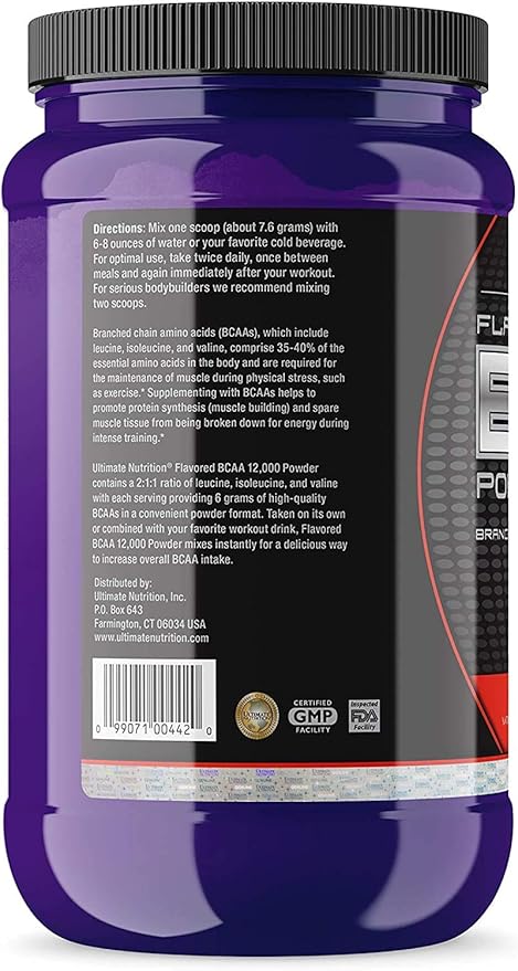 Ultimate Nutrition Flavored BCAA Powder 12000 Branched Chain Post Workout Amino Acid Supplement Caffeine-Free with 3g Leucine 1.5g Valine 1.5g Isoleucine- Fruit Punch 60 Servings