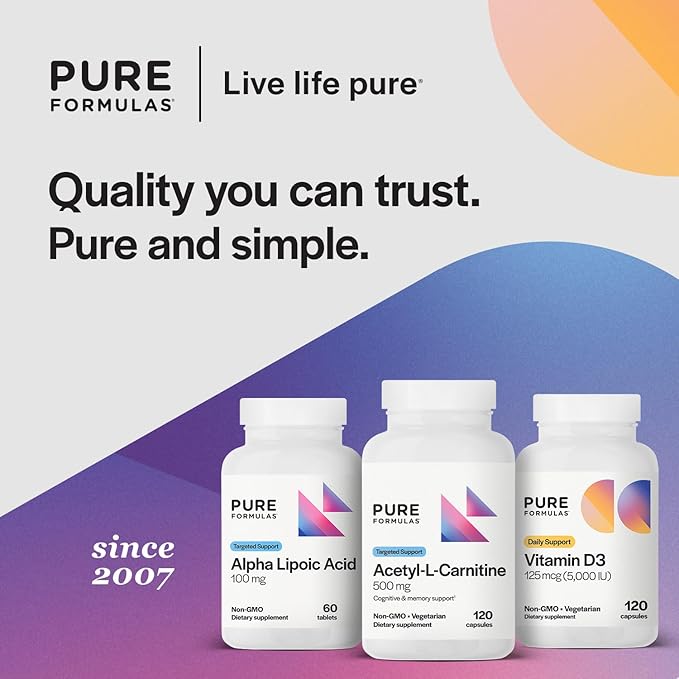 PureFormulas Acetyl L-Carnitine Cognitive &amp Memory Support L Carnitine Supplement for Brain Focus &amp Calmness Alcar 500mg Dairy Free Non-GMO 120 Vegetarian Capsules