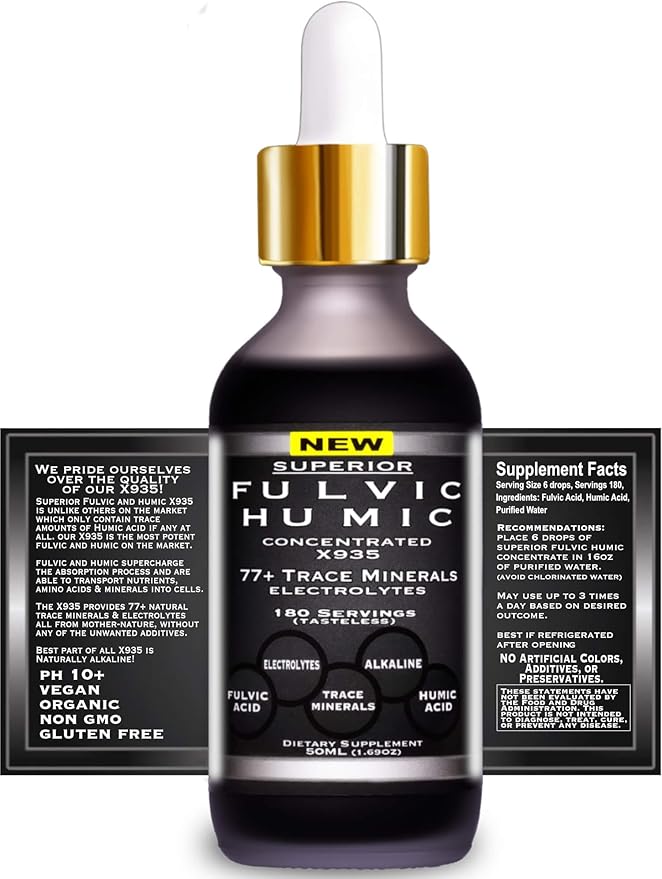 Fulvic Humic Mineral Blend – 180 Servings | Superior X935 Humic and Fulvic Acid Supplement | 77+ Trace Mineral Drops with Electrolytes | Improve Gut Health Leaky Gut Repair with Fulvic Acid Organic