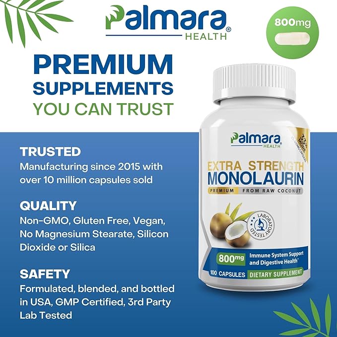 Palmara Health Extra Strength Monolaurin 1600mg per Serving 800mg per Capsule