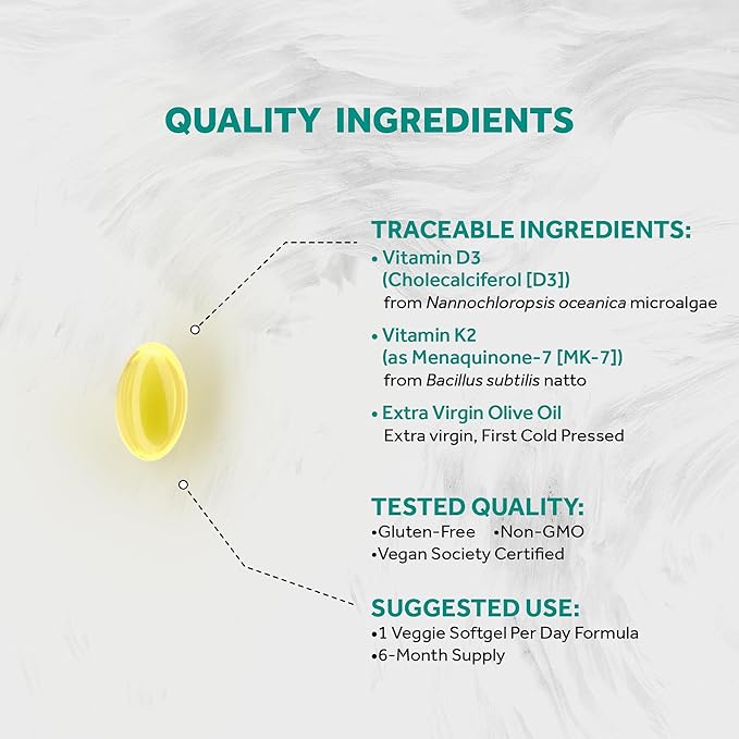 Naturalis Vegan Vitamin D3+K2 from Algae | 5000 IU D3 with 120mcg MK7 | Vegan Society CertifiedSustainably SourcedBetter Than Animal Derived | Better Support for Bone &amp Immune Health* | 180 Soft
