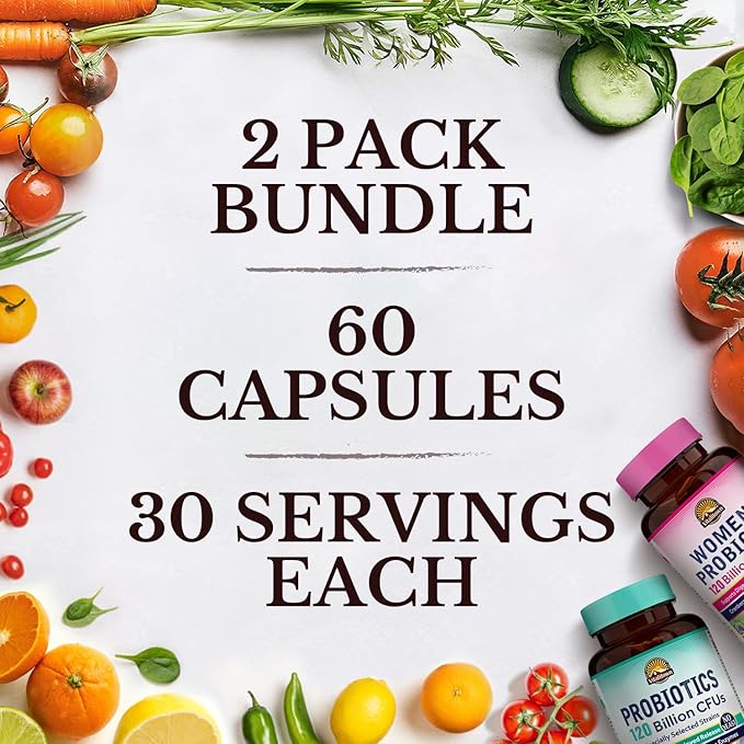 Vitalitown Probiotic Bundle (Pack of 2) | Probiotics 120 Billion CFUs (Item 1) &amp Women’s Probiotics (Item 2) | Shelf Stable Once Daily | Gut Immune Vaginal Health | 60 Capsules | 30 Day Supply