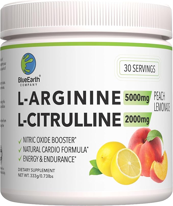L-Arginine 5000mg + L-Citrulline 2000mg Complex Powder Supplement - Nitric Oxide Booster - Heart Health Blood Flow Energy &amp Endurance - 30 Servings (Peach Lemonade)