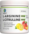L-Arginine 5000mg + L-Citrulline 2000mg Complex Powder Supplement - Nitric Oxide Booster - Heart Health Blood Flow Energy &amp Endurance - 30 Servings (Peach Lemonade)