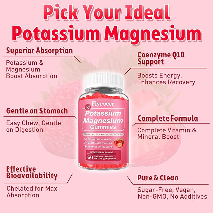 2 Pack Potassium Magnesium Gummies for Men &amp Women Potassium Magnesium Supplement for Leg Cramps Muscle Health &amp Electrolyte Balance Strawberry Flavor 120 Gummies