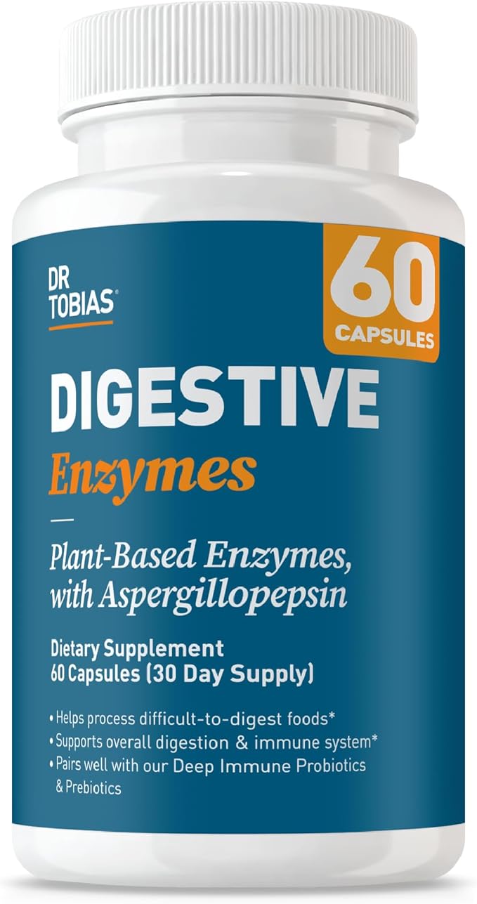 Dr. Tobias Digestive Enzymes Digestion Supplement with 18 Enzymes for Digestion and Gut Health | Includes Amylase Bromelain Lipase Lactase Protease Papain &amp More (60 Capsules 30 Servings)