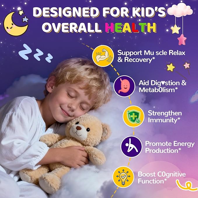 Magnesium Glycinate Gummies for Kids 4+: Sugar Free Chewable Organic Magnesium Gummy with L-Theanine Vitamin B12 B6 D3 Zinc Omega Calcium - Natural Zzz Support Non-GMO Berry Flavor(60Count)