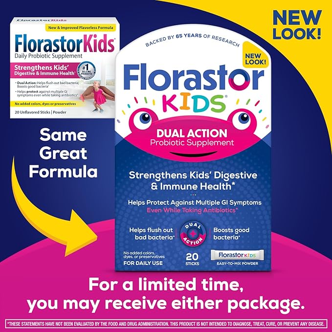 Florastor Kids Dual Action Probiotic Supplement Strengthens Kids' Digestive &amp Immune Health 20 Easy-to Mix Powder Sticks Packaging May Vary