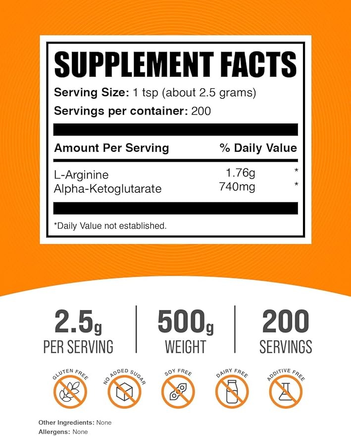 BulkSupplements.com AAKG Powder - Arginine AKG Supplement Nitric Oxide Supplement Unflavored &amp Gluten Free 2.5g per Serving 500g (1.1 lbs) (Pack of 1)