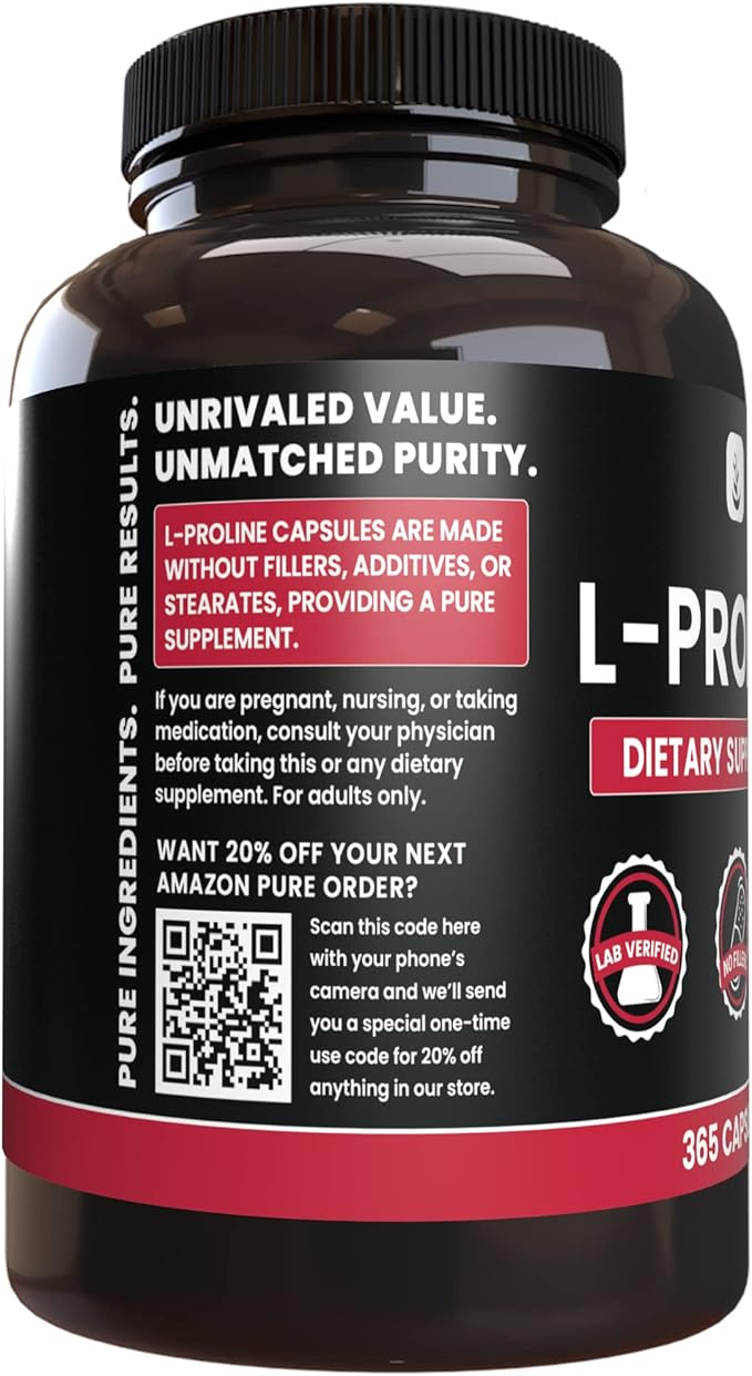 PURE ORIGINAL INGREDIENTS L-Proline and L-Lysine HCL Bundle 365 Capsules Each No Magnesium or Rice Fillers Always Pure