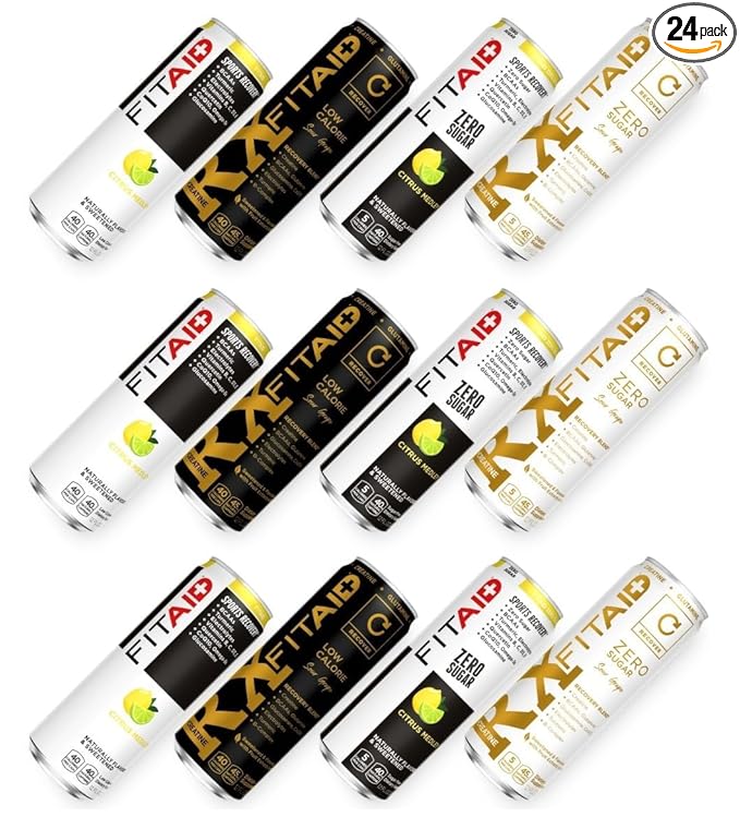 FITAID Recovery Post-Workout Drink Variety Pack Mix of Creatine Caffeine Free and Zero Sugar Nautrally Sweetened 100% Clean Vegan Keto-Friendly 4 Flavors (Pack of 24) - Packaging May Vary