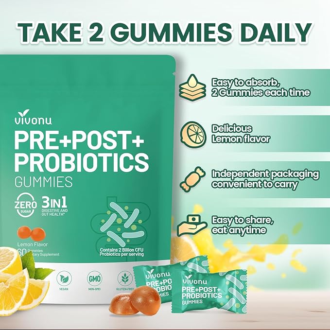 VivoNu Probiotics for Digestive Health Gummies 3 in 1 Intestinal Digestion Contains 2 Billion CFU Probiotic Zinc Magnesium and Vitamin D3 Men's Probiotics for Women Non GMO (120Gummy/2Pack)