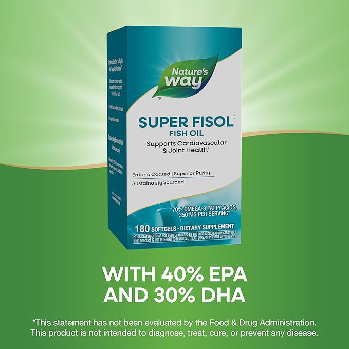 Nature's Way Super Fisol Fish Oil Omega 3 Supplements Enteric Coated Supports Cardiovascular and Joint Health* Mega Potency Omega-3s 180 Softgels (Packaging May Vary)