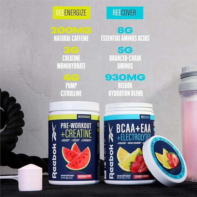 Reebok REEenergize &amp REEcover Bundle | Pre-Workout + BCAA Recovery System | Watermelon Crush &amp Strawberry Lemonade | Train &amp Recover Pack