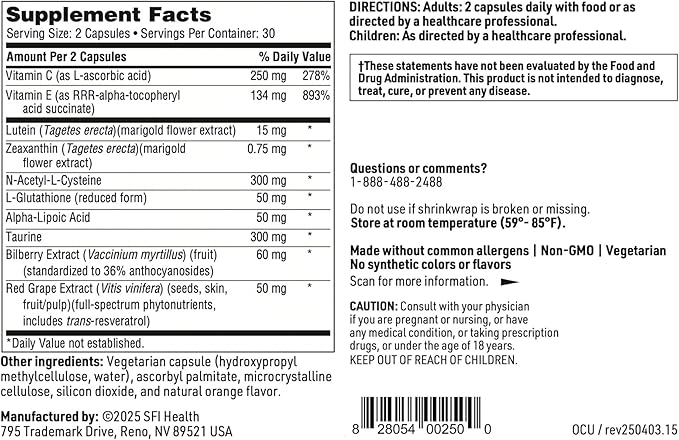 Klaire Labs SFI Health Ocuthera - Hypoallergenic Lutein Zeaxanthin &amp Bilberry Extract Formula for Antioxidant Eye Support (60 Capsules)