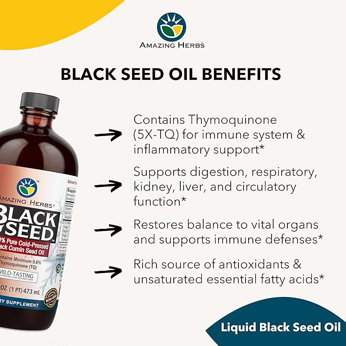 Amazing Herbs Egyptian Black Seed Oil - Gluten Free Non GMO Cold Pressed Nigella Sativa Aids in Digestive Health Immune Support Brain Function Mild Flavor - 16 Fl Oz