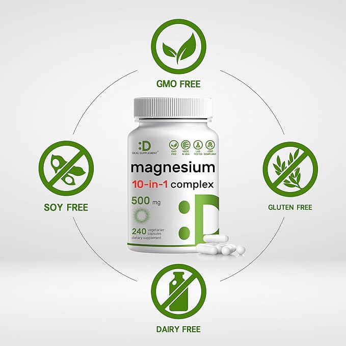 Magnesium Complex 500mg 480 Veggie Capsules – Pack of 2 | 10-in-1 Glycinate Citrate Malate Oxide &amp More – 100% Chelated for Easy Absorption – Essential Mineral Supplement – Non-GMO