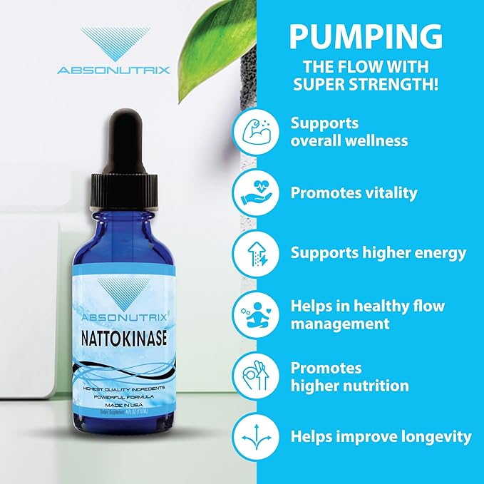 Absonutrix Nattokinase Supplement 490 mg 4 Oz Liquid 240 Servings-5000 Fu Made in USA Quick Absorption Quality Potent Ingredients Non-GMO GMP Certified Facility Cruelty-Free Products