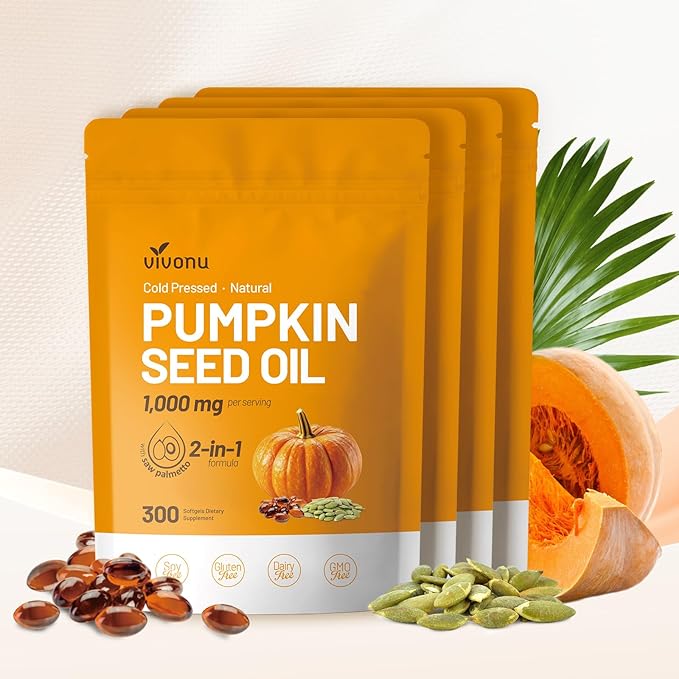 VivoNu Pumpkin Seed Oil with Saw Palmetto Capsules |Cold Pressed Pure Virgin OilEssential Fatty Acids &amp Phytosterols |300 SoftgelsSupports HairUrinaryBladder&ampProstate Health|Non-GMO