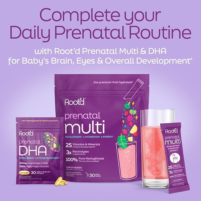 Root'd Prenatal DHA - 300mg Pure Vegan Omega-3 DHA from Algal Oil Plant-Based Prenatal Supplement for Pregnancy Fetal Brain &amp Eye Development Non-GMO Lemon &amp Rosemary Flavor 30 Softgels