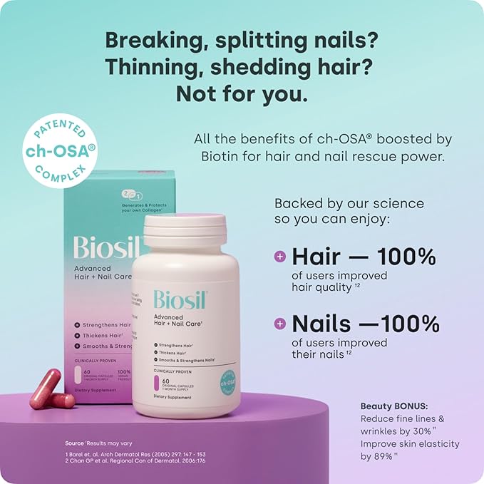 Biosil Advanced Hair + Nail Care - 120 Capsules - Grow Strengthen &amp Thicken Hair and Nails - with Patented ch-OSA &amp Biotin - 60-Day Supply