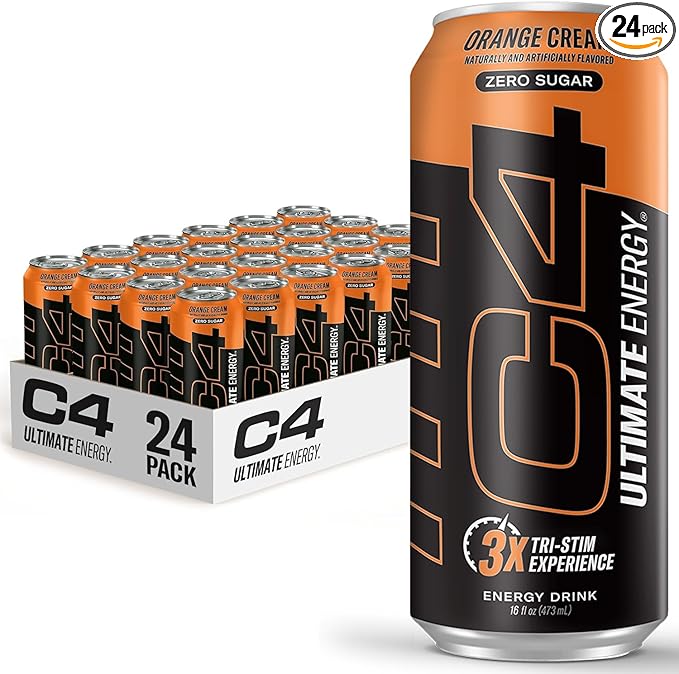 Cellucor C4 Ultimate Pre Workout Sugar Free Energy Drink Tri-Stim Experience with 300mg Caffeine + TeaCrine + Dynamine Orange Cream 16oz (Pack of 24)