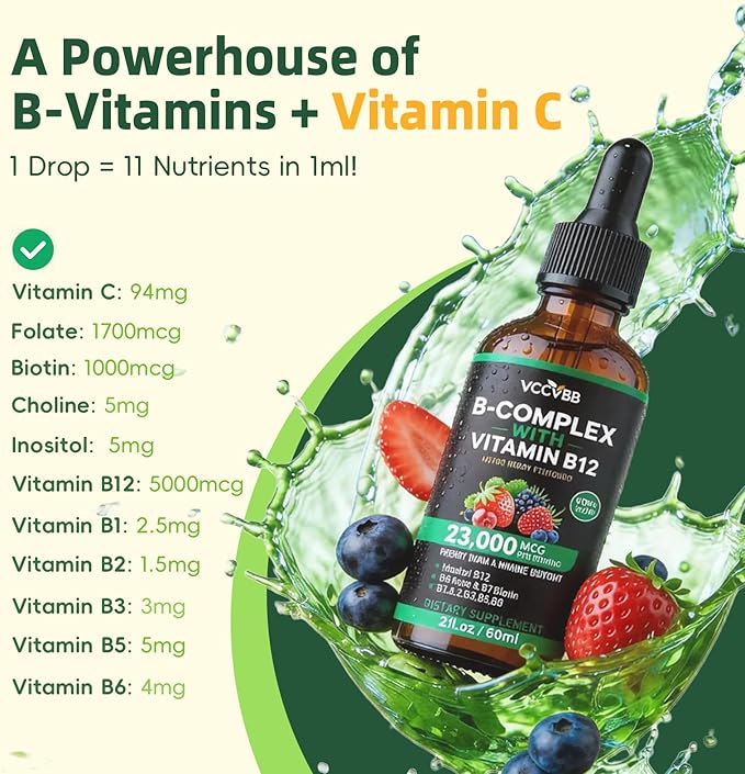 Vitamin B Complex Drops Active B12 Methylcobalamin 5000mcg B6 B1 B2 B5 B7 B3 Folate with Vitamin C B12 Sublingual Liquid Fast Absorption | Boost Energy Focus &amp Immunity Vegan | 60 Servi
