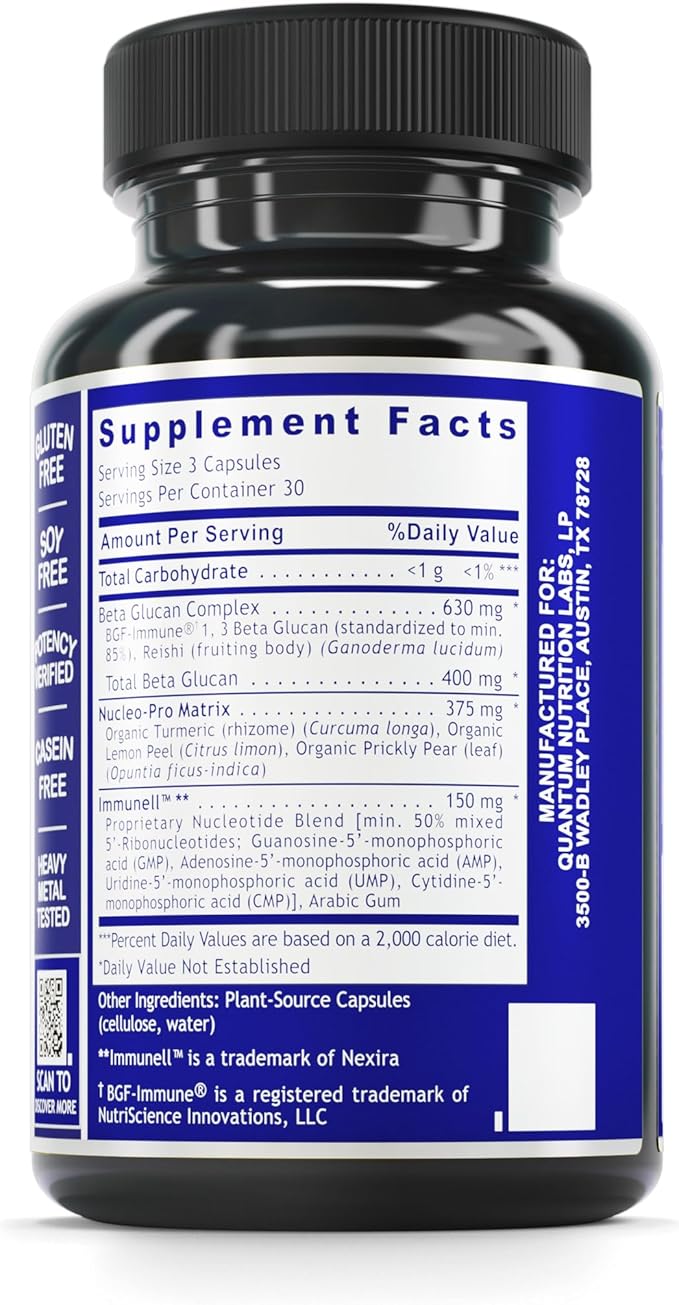 Quantum Nutrition Labs Quantum Nucleotide Complex - Beta Glucan Immune Support Supplement with Yeast Nucleotides &amp Reishi 400 mg 13 Beta-Glucan Per Serving - 90 Vegetarian Capsules
