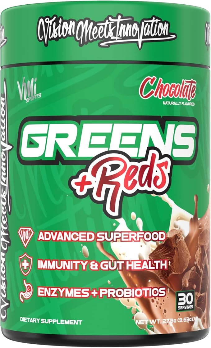 VMI Sports Greens + Reds Advanced Superfood Immunity and Gut Health | Enzymes &amp Probiotics | 30 Servings (Chocolate)