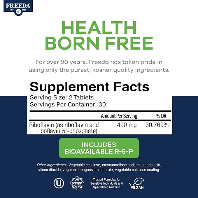 FREEDA Vitamin B2 400 mg Supplement with Riboflavin-5-Phosphate – High Potency B2 Vitamins Riboflavin 400mg per Serving for Energy Metabolism &amp Nervous System – Vegan VIT B 2 Small Tablets (60 C