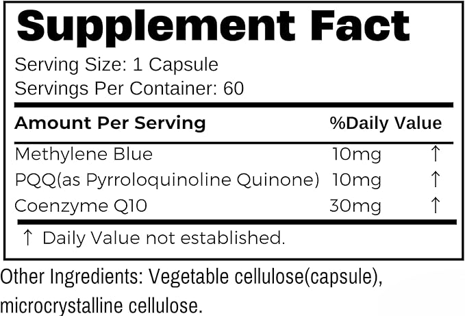 Methylene Blue + PQQ &amp CoQ10 60 Capsules Brain Support Energy Boost Heart Health