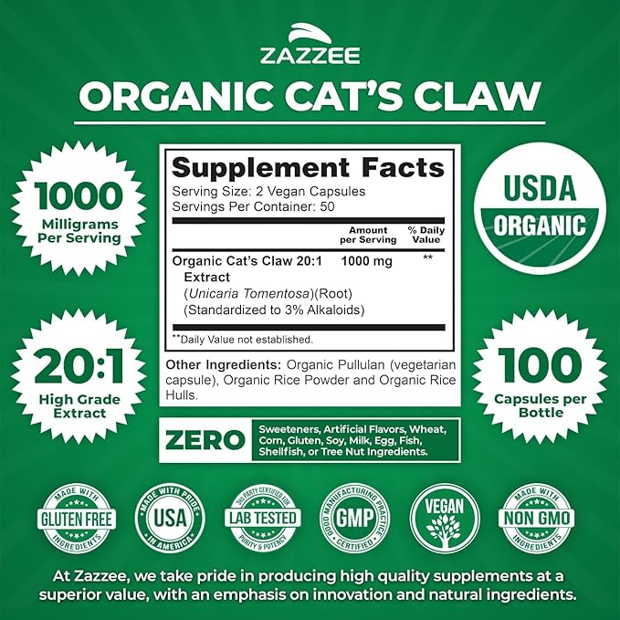 Zazzee Organic Seasonal Wellness Bundle | Organic Cat’s Claw 20:1 Extract Plus Serrapeptase Enzyme Capsules | Non-GMO Vegan &amp ISO Lab Tested