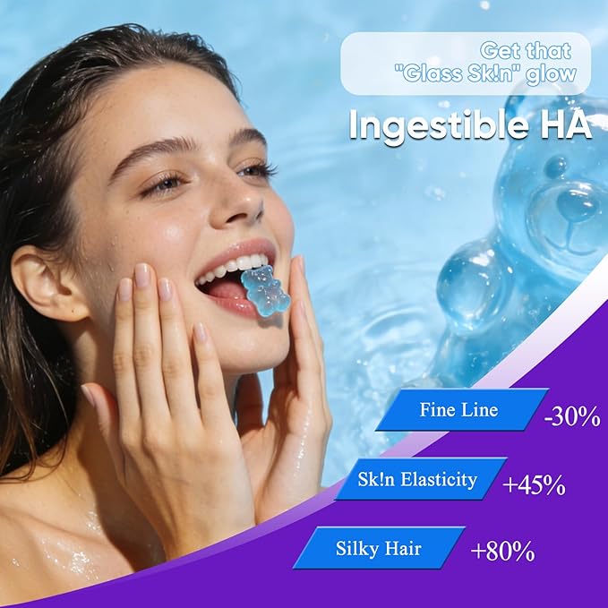 7-in-1 Sugar Free Hyaluronic Acid Supplements with MSM Resveratrol Ginseng Vitamin C Gummies for Skin Health &amp Deep Hydration 120 Counts