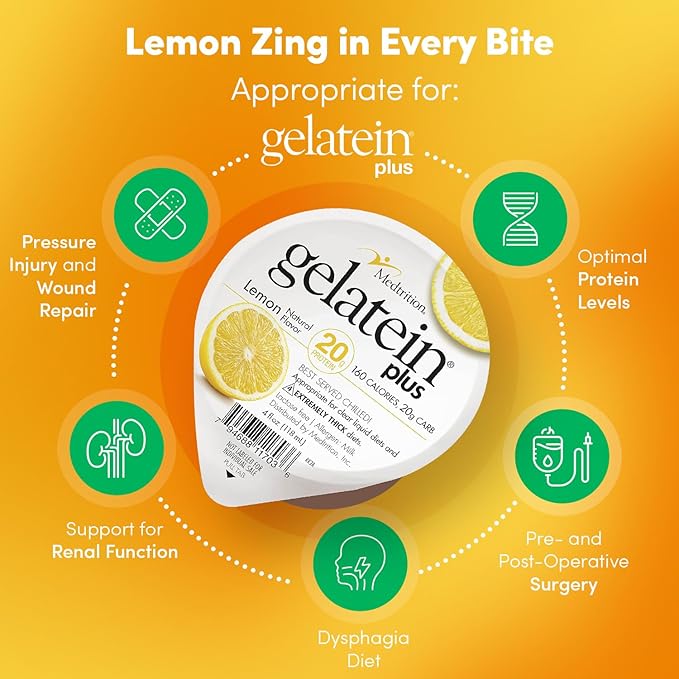 Gelatein Plus Lemon: 20 grams of protein. Ideal for clear liquid diets swallowing difficulties dialysis and oncology. Great pre or post-workout snack. (36 pack)